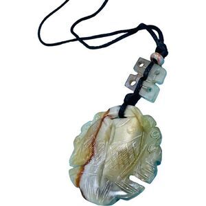 JADE JADEITE Antique Vintage Koi Fish Oriental Carved Pendant on Silk Cord Long